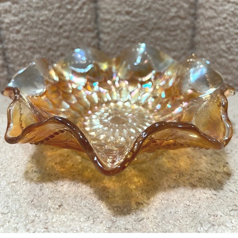 Vintage Fenton Marigold Carnival Glass Ruffled Bowl Peacock Tail Pattern 6